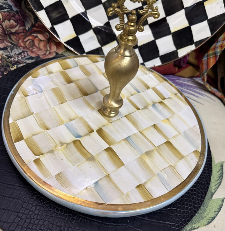Mackenzie Childs Parchment  Check Ceramic Cheese Course Retired- Read Defect