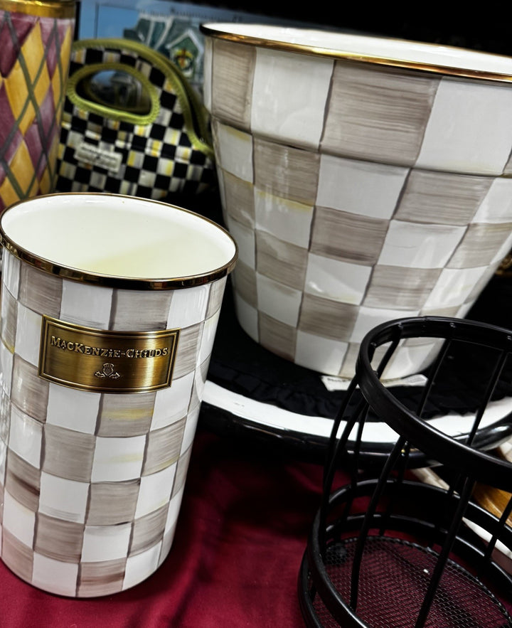 MacKenzie Childs Mocha Check Extra Large Enamel Pot Planter 12” W And 9.5” Tall
