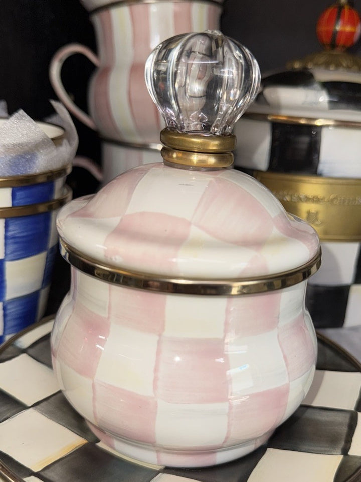 MacKenzie Childs Pink Rosy check Lidded Sugar- Enamel Excellent