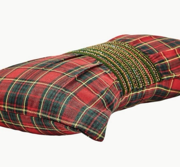 New Mackenzie Childs Red Tartan Retired Bow Pillow Beaded 20” Long