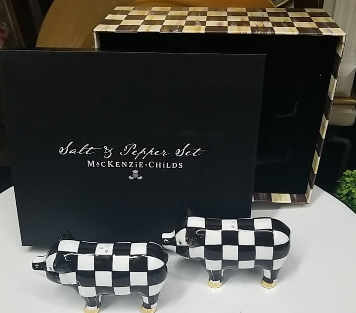 MACKENZIE-CHILDS Courtly Check PIG SALT AND PEPPER Shaker SET NEW in BOX