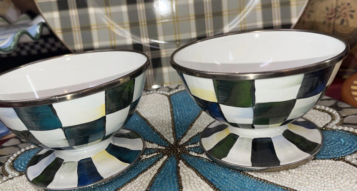 MacKenzie Childs Courtly  Check Enamel Ice Cream Dish New Set Of 2