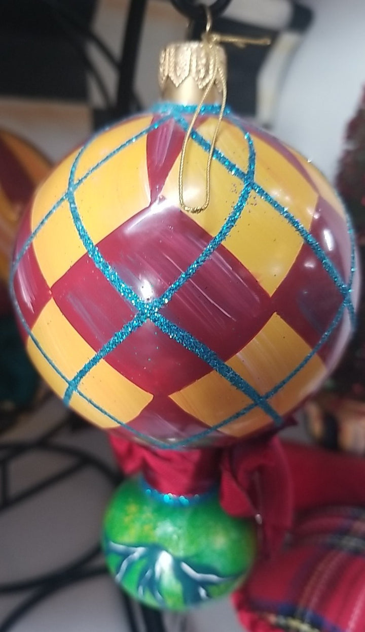 MacKenzie Childs Frank And Mustard  Argyle Double Drop Glass Ornament