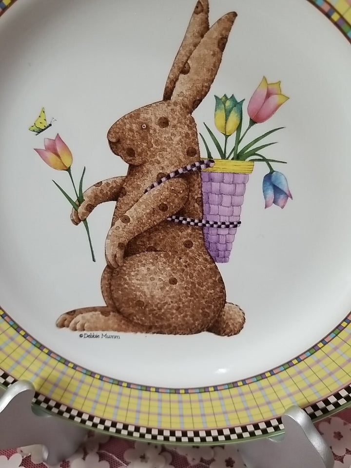 Debbie Mumm Sakura easter Plate  & Mug Set-Bunny 1998 Checks w flower basket