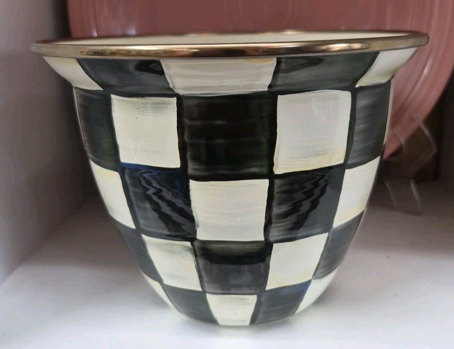 mackenzie childs Courtly Check 7”Tall Enamel Flower Pot- Excellent