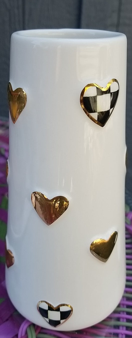 MacKenzie Childs Courtly Check Short Heart Vase, 10 oz,. New!