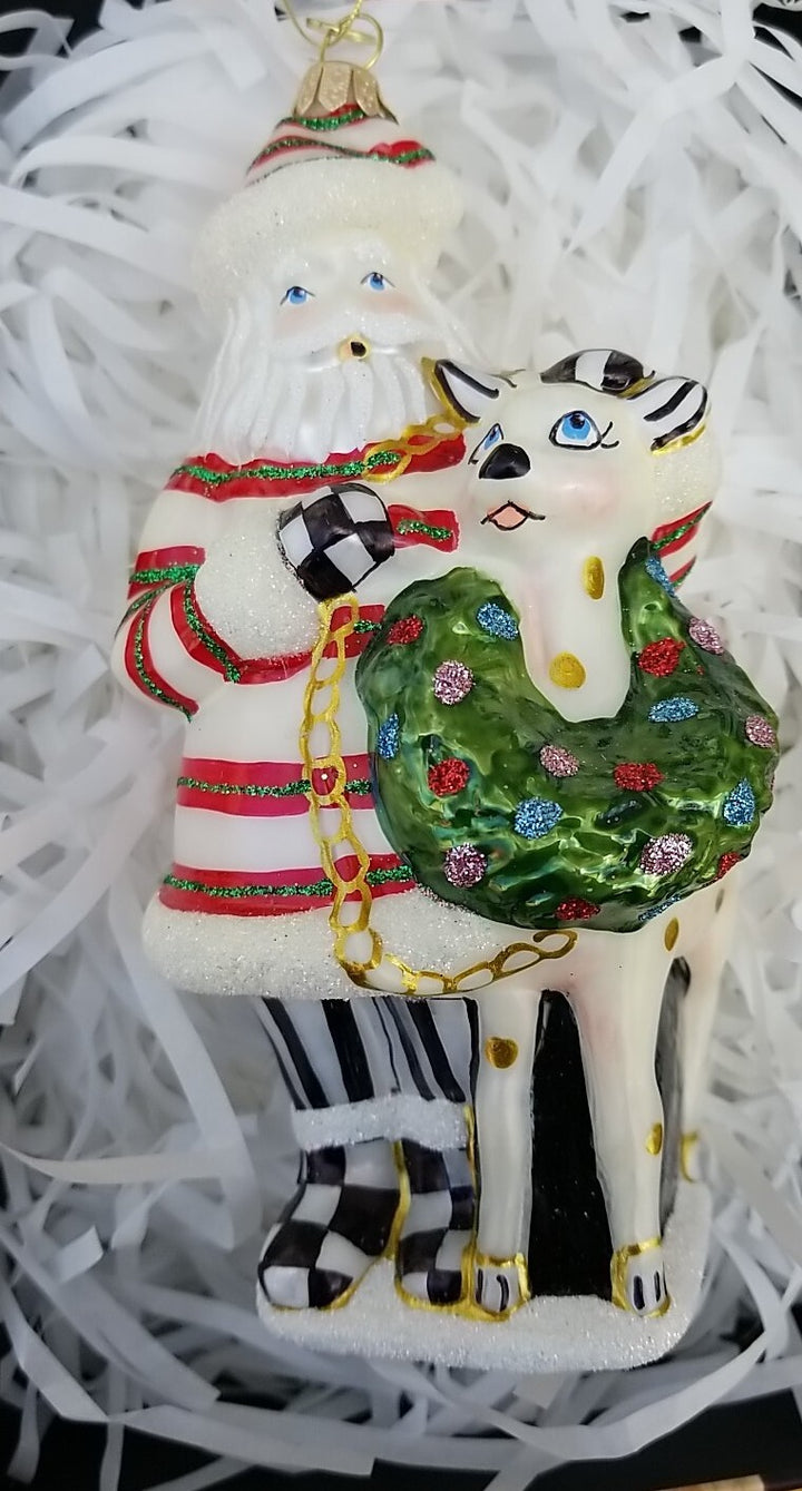 Mackenzie Childs Granny Kitsch Santa & Friend Glass Christmas Ornament