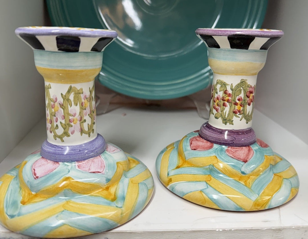 Mackenzie Childs Set Of 2 Taylor Hitchcock Field  Candlestick Holders Retired