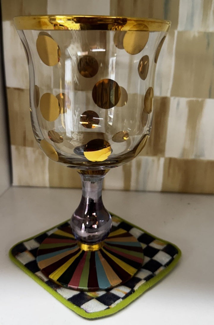 Mackenzie Childs foxtrot water goblet new retired pattern- Gold Dots And Rainbow