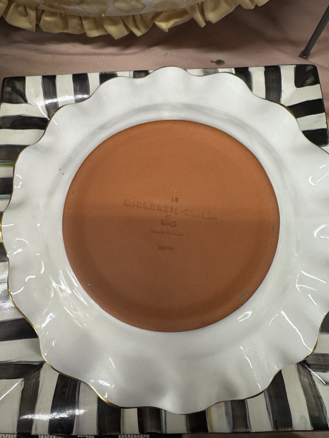 Mackenzie Childs STERLING Check Ceramic 11” Dinner Plate Fluted W/Gold Trim