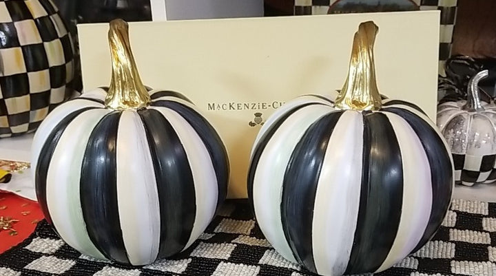 Mackenzie Childs Courtly Striped Mini Pumpkin- Black And White- New