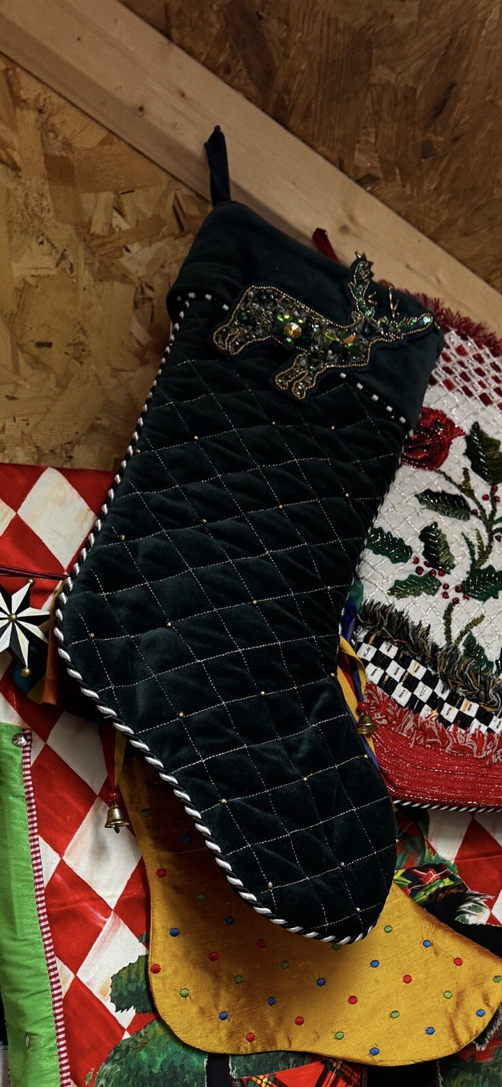 MACKENZIE CHILDS Emerald Beaded Deer CHRISTMAS STOCKING BNWT