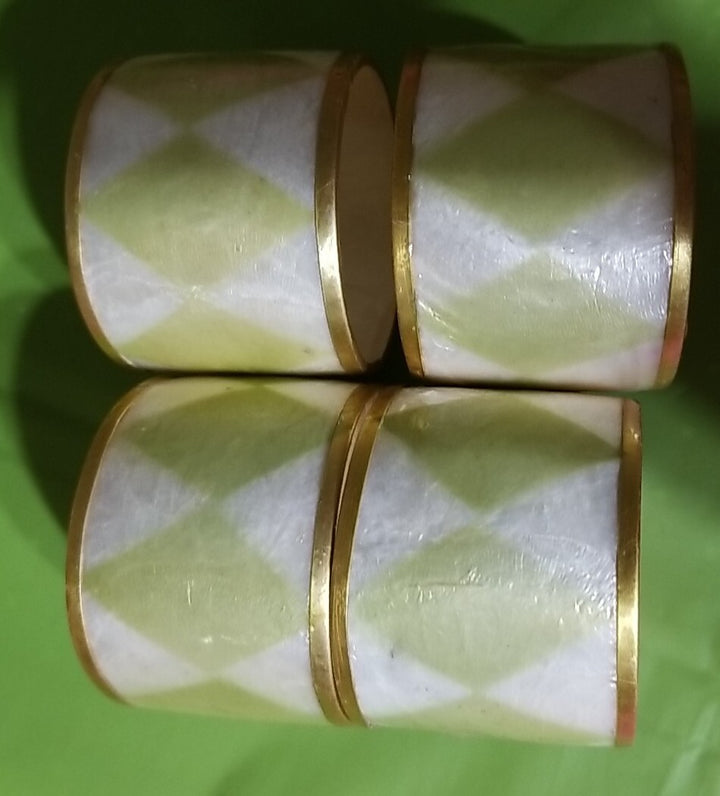 Mackenzie Childs Capiz Green Napkin Rings,  Brass, Diamond Design Set Of 4- Exc