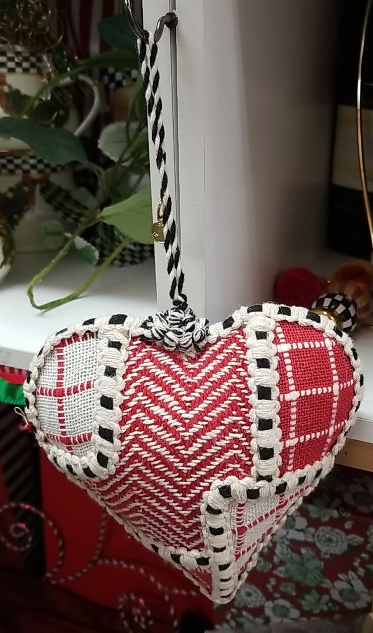Mackenzie childs Cozy Red HEART patchwork Ornament Large 5.5"w x10"tall 2.5"deep