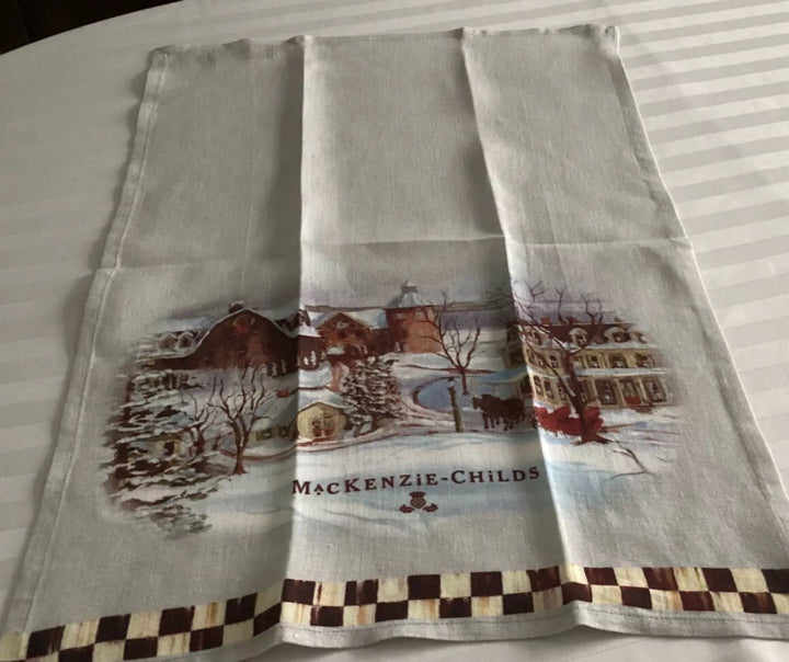 MACKENZIE CHILDS  Linen Christmas Tea Towel- Retired Farm Scenery Winter- Rare