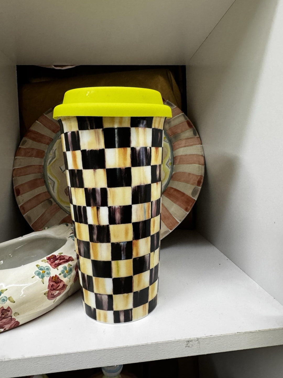 MacKenzie Childs Courtly Check Ceramic 16oz Travel Mug Tumbler Coffee Cup w/ LID