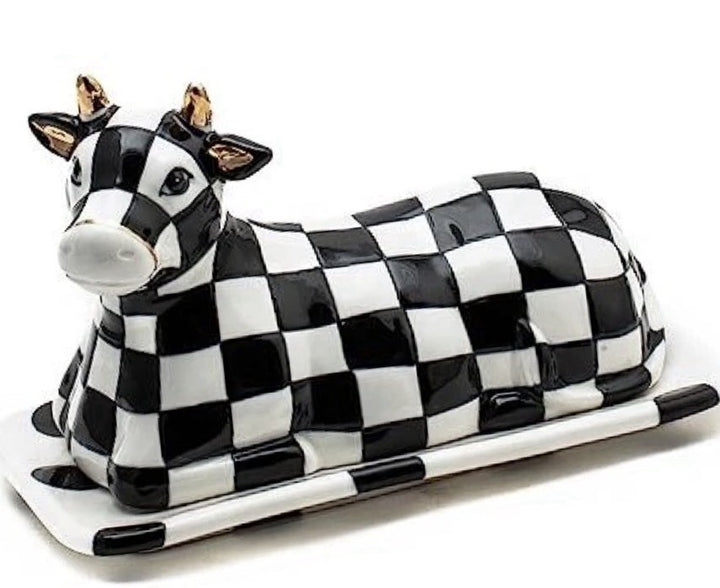 MACKENZIE CHILDS COW CREAMERY Butter Dish Courtly Check Retired