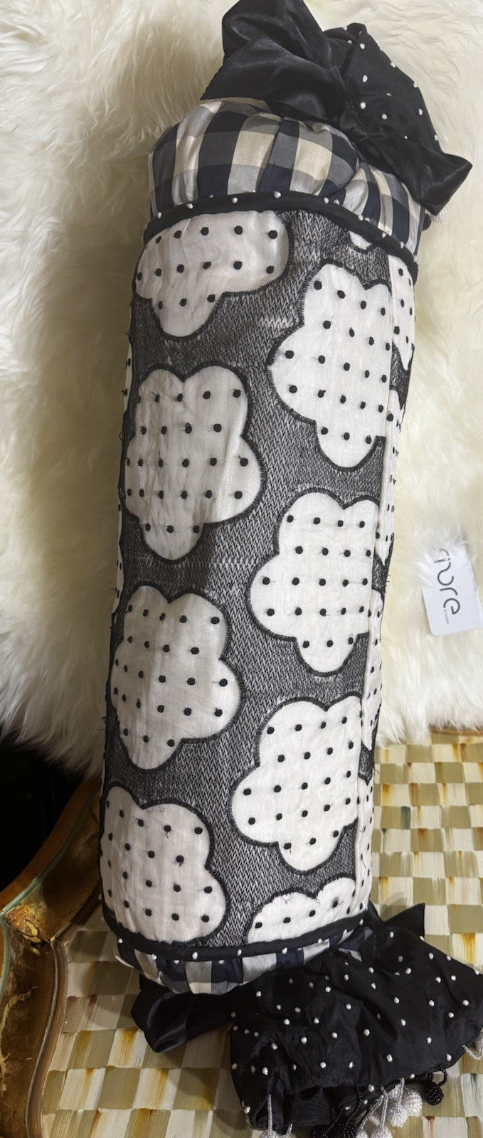 MacKenzie Childs Vintage Silk Large Bolster Pillow Black And Beige  Flower Read