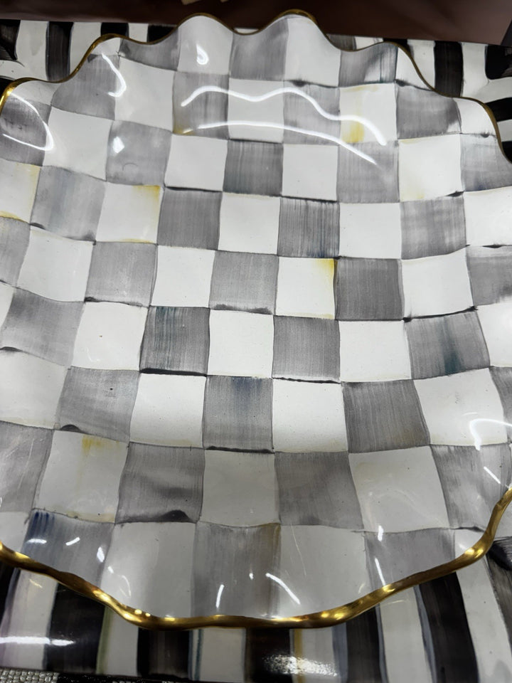 Mackenzie Childs STERLING Check Ceramic 11” Dinner Plate Fluted W/Gold Trim