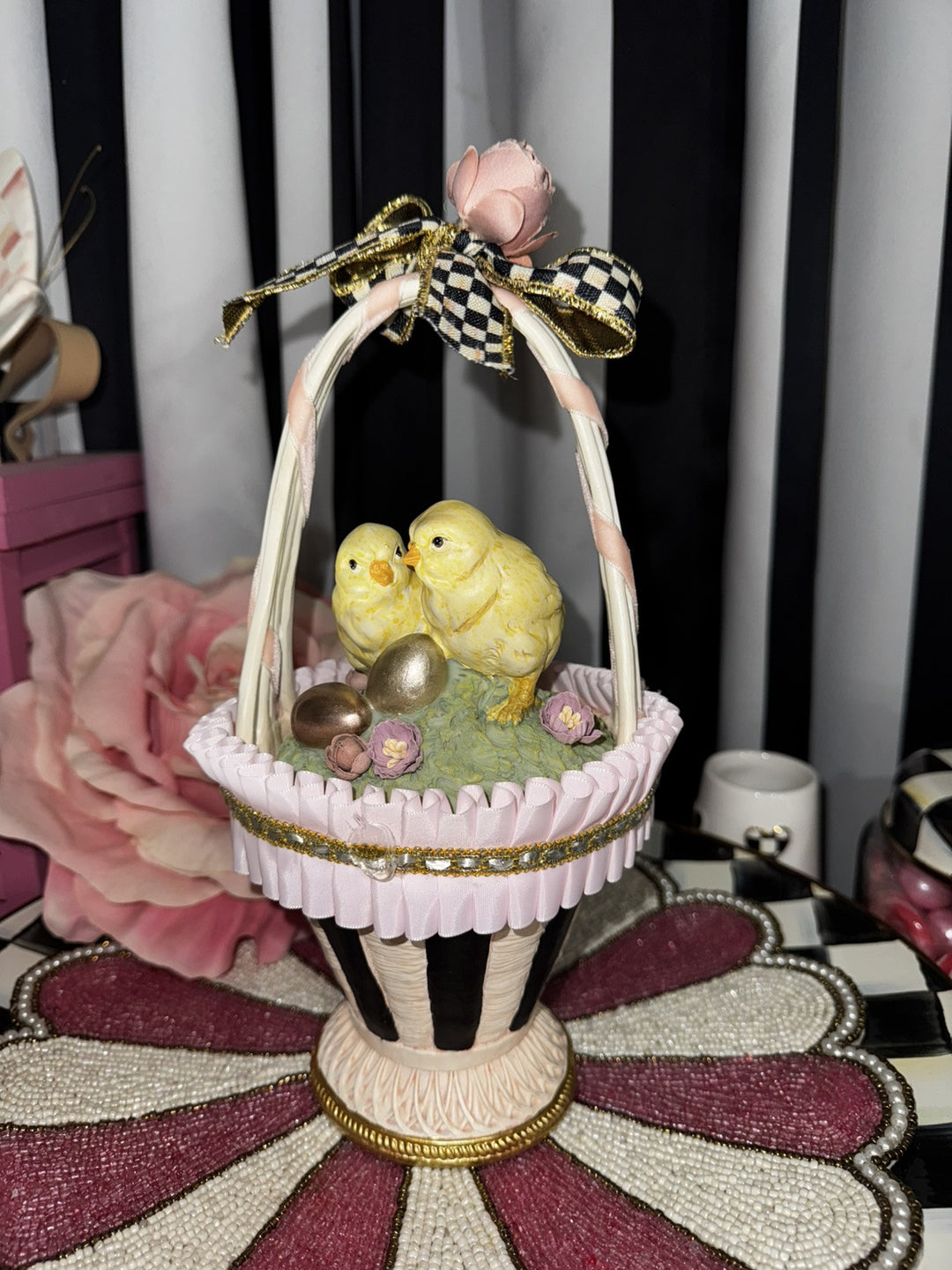 MacKenzie Childs Retired Sweet Shop Pink Chicks Easter Basket- 12” Tall- New
