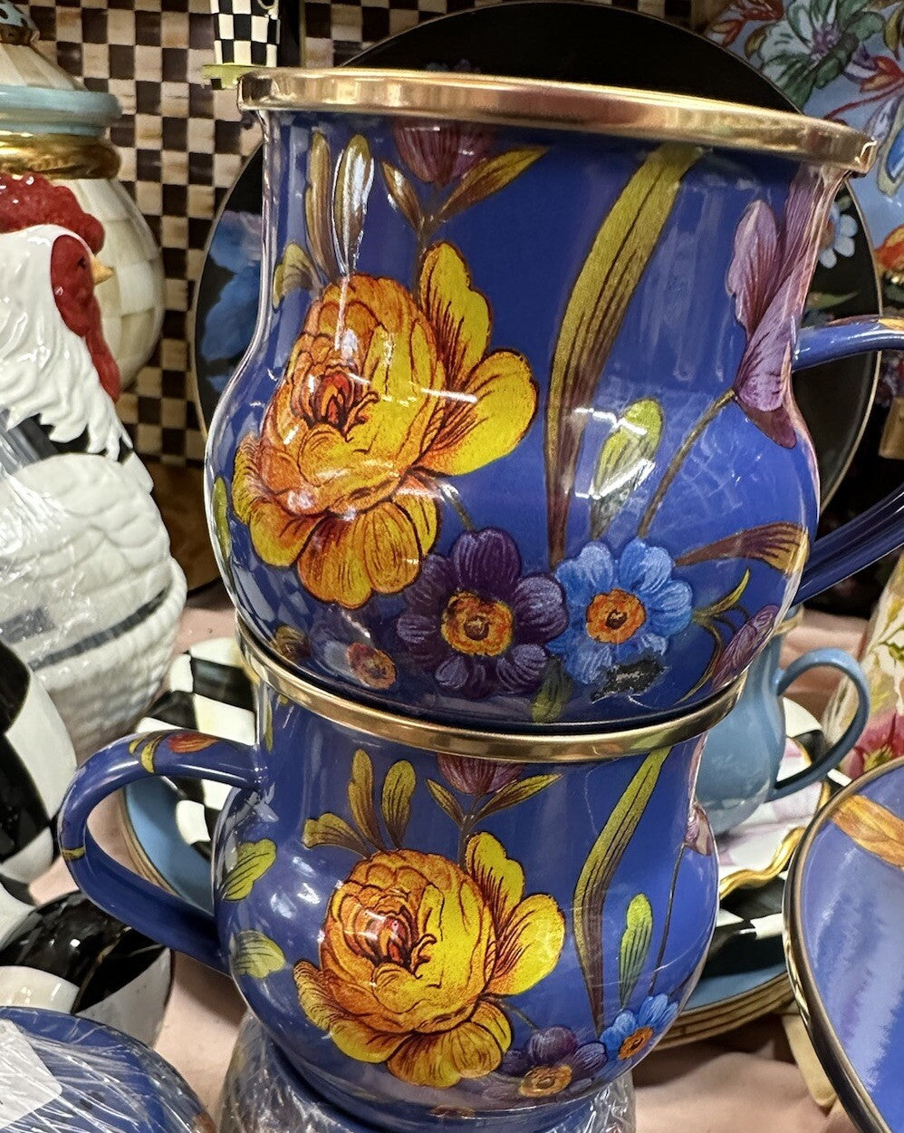 Mackenzie Childs Lapis Blue Flower Market metal enamel Coffee cup mug Floral One