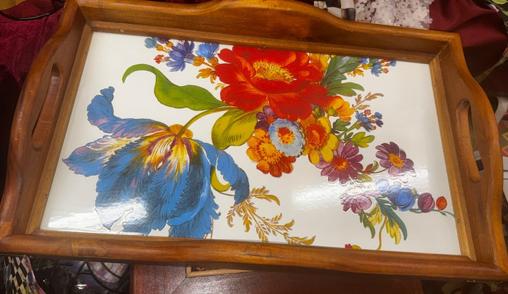 Mackenzie Childs White Flower Market Enamel Acacia Wood Large Serving Tray