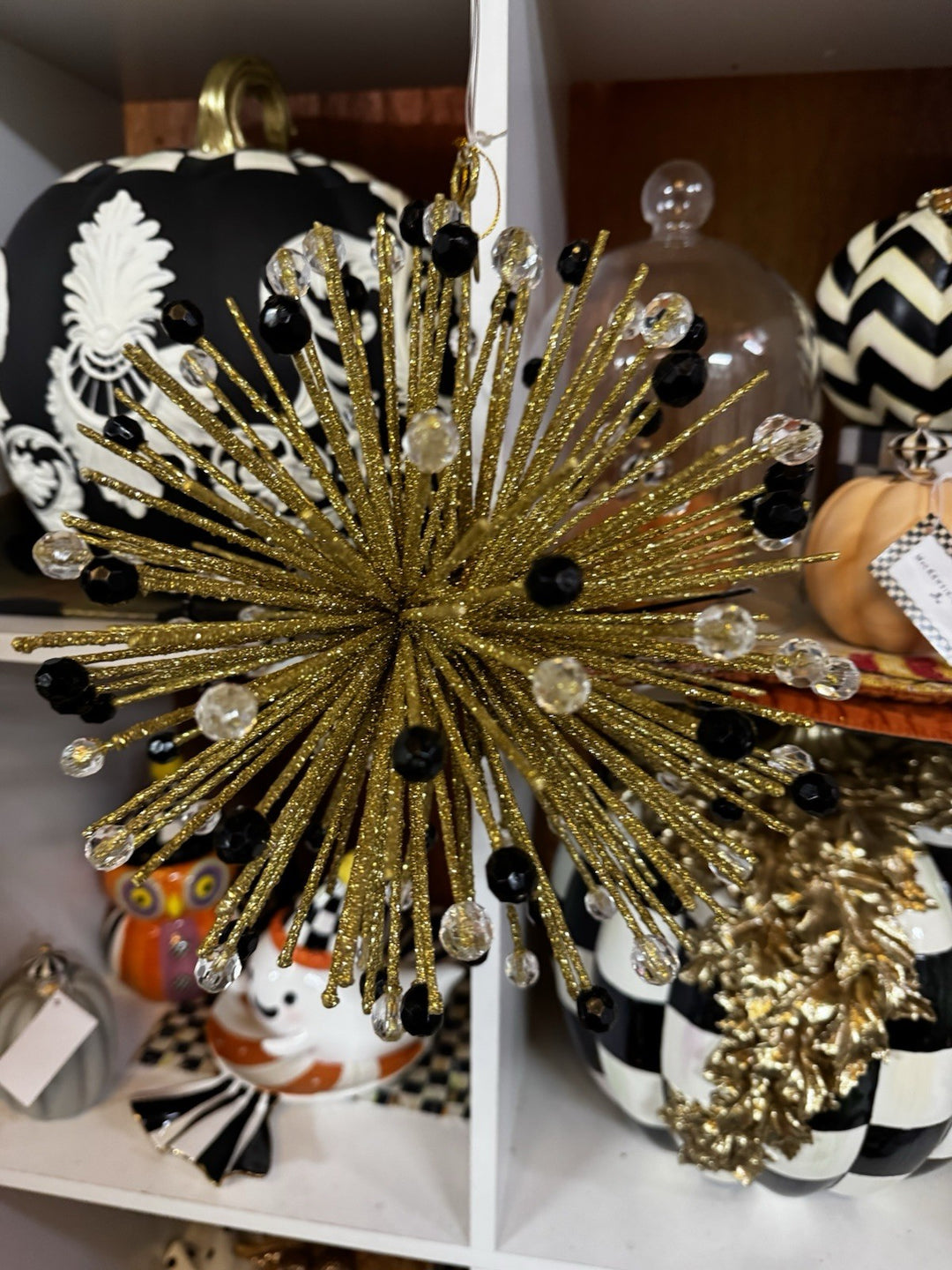 Mackenzie Childs Beaded Large Gold Orb Ornament, New 9” Round Hangs Retired