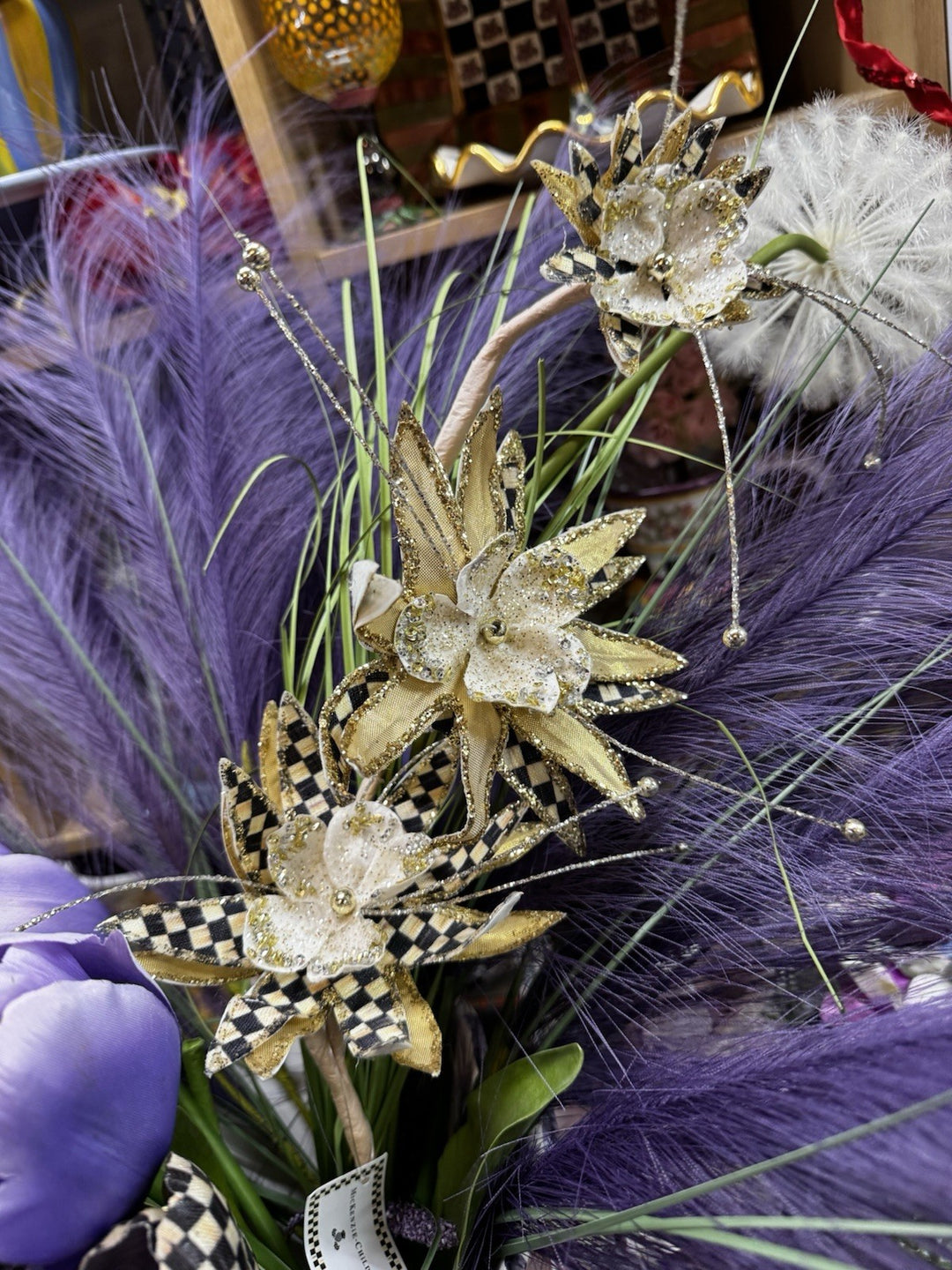 MacKENZIE CHILDS GLAM UP  FLOWER  Stem 3 Flowers Per Stem Gold &courtly Check