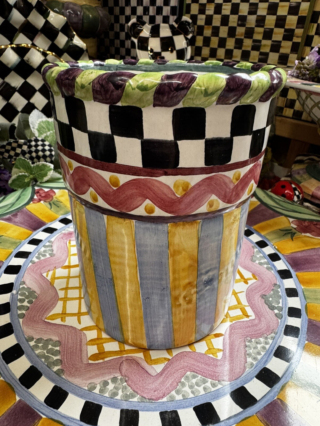 MACKENZIE CHILDS PICCADILLY CERAMIC UTENSIL HOLDER  RETIRED- Hand Painted
