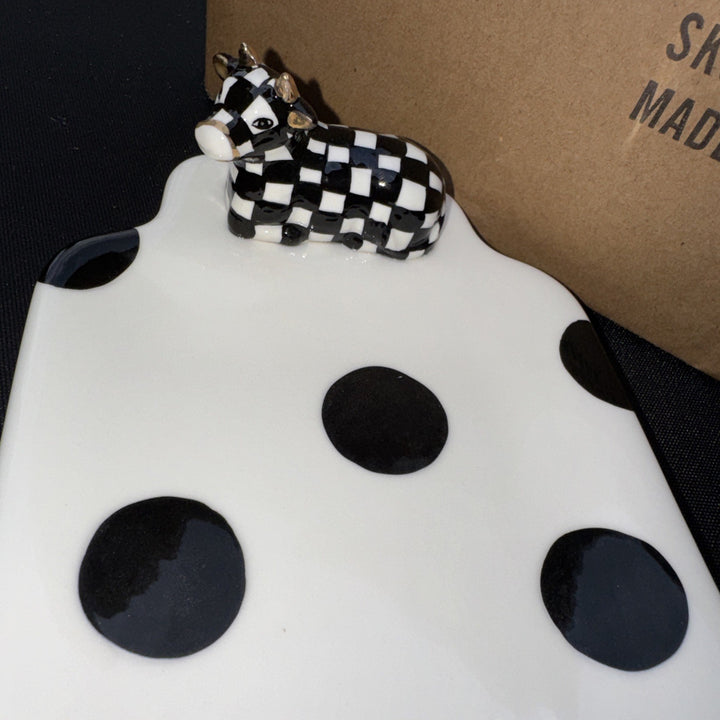 Mackenzie Childs courtly check COW CREAMERY ceramic tray 14.5"L 5.25"W NEW N BOX
