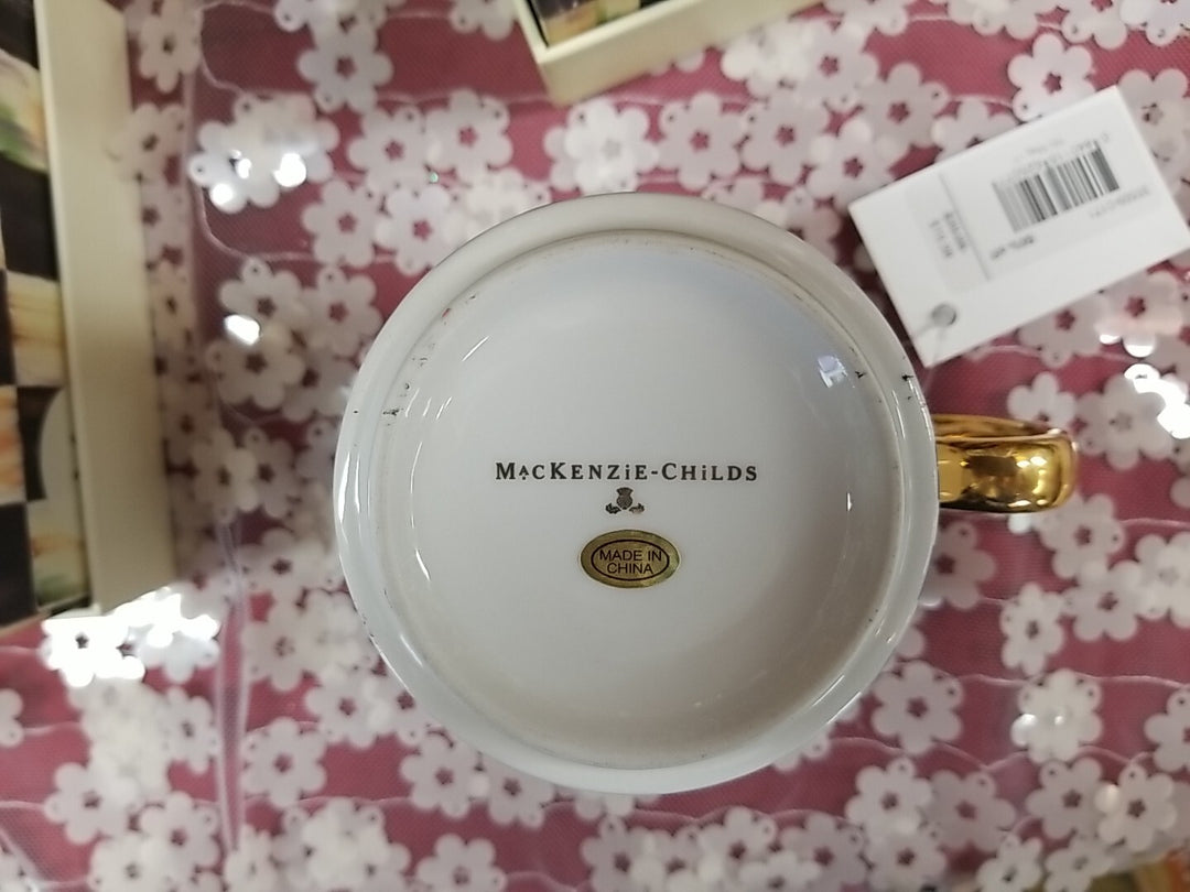 MacKenzie Childs My Mug Initial U Coffee Cup White, Black & Gold NIB
