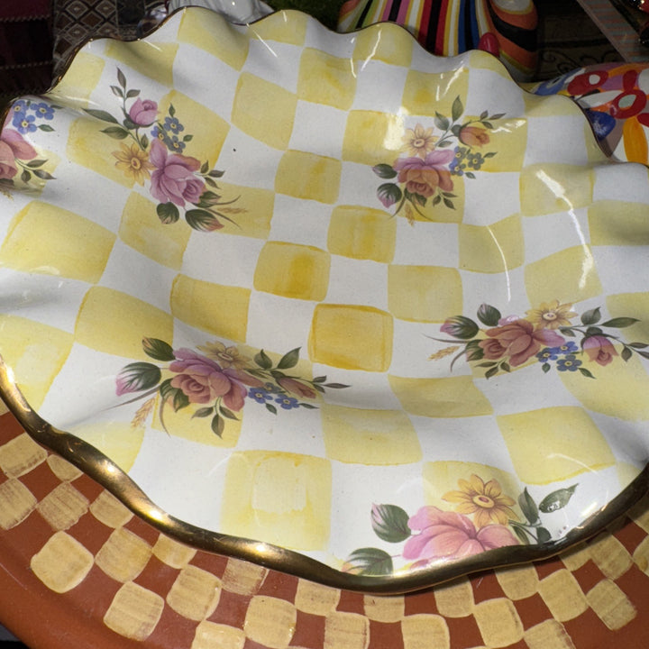 9” Mackenzie Childs Fluted Lemon Curd Yellow  Honeymoon Salad  Plate With Gold