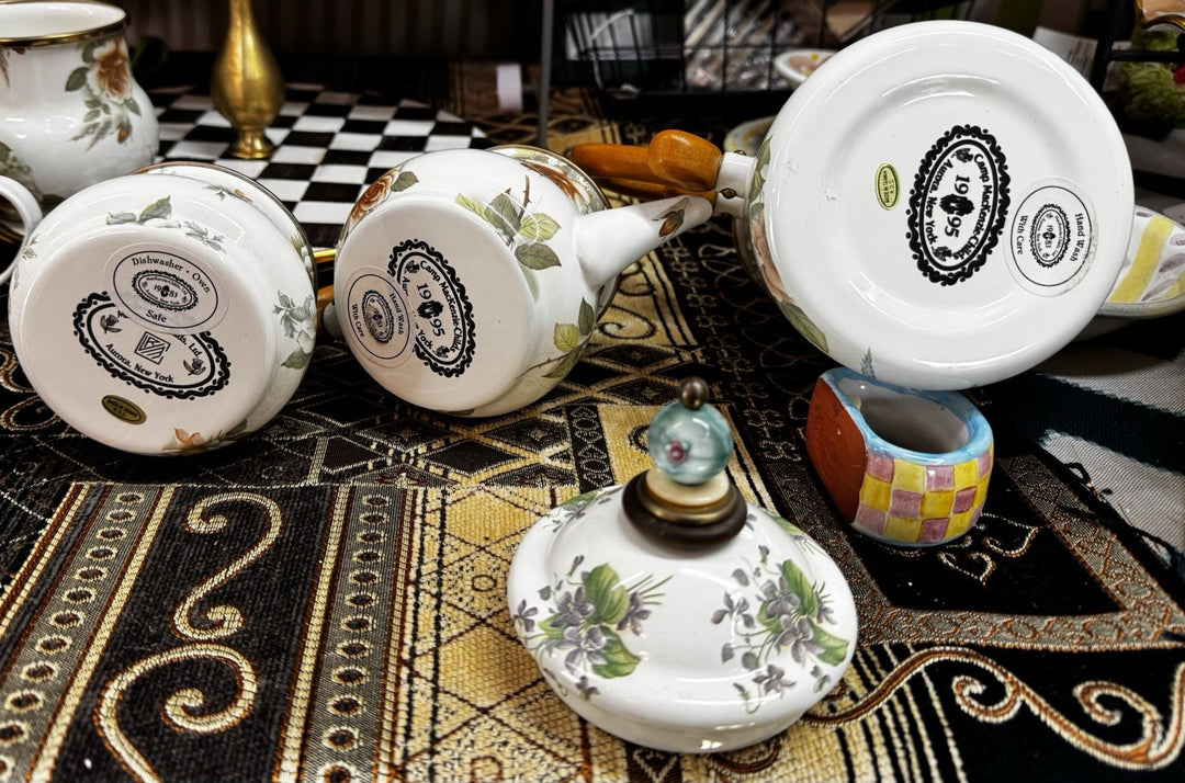 MacKenzie Childs Stacked Camp White Flower Enamel Tea Cream & Sugar High tea Set