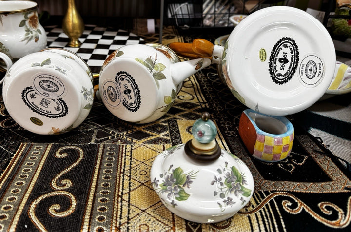 MacKenzie Childs Stacked Camp White Flower Enamel Tea Cream & Sugar High tea Set