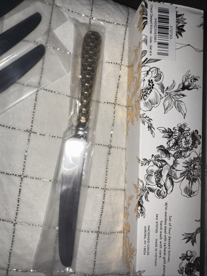 4 Pcs Mackenzie Childs Gold Plated Check Dessert Knife Set New In Box
