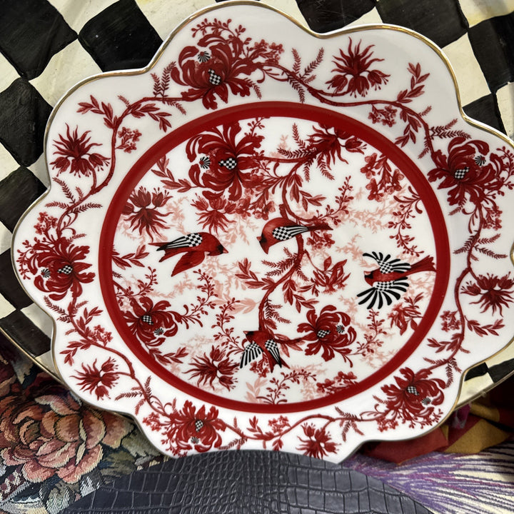 New MacKenzie Childs Cardinal Toile 12" Charger Plate petal W/ Gold Trim Retired