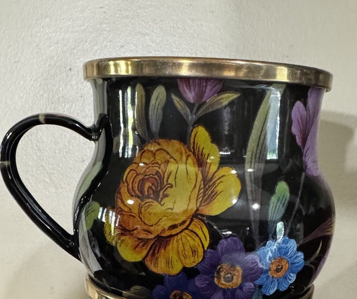 Mackenzie Childs On Black  Flower Market enamel Coffee cup mug Floral One New
