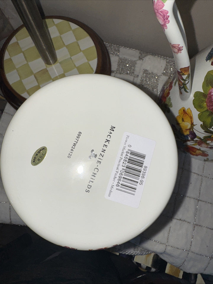 MacKenzie Childs Practical Pitcher Metal White Flower Market SMALL 8.5" TALL