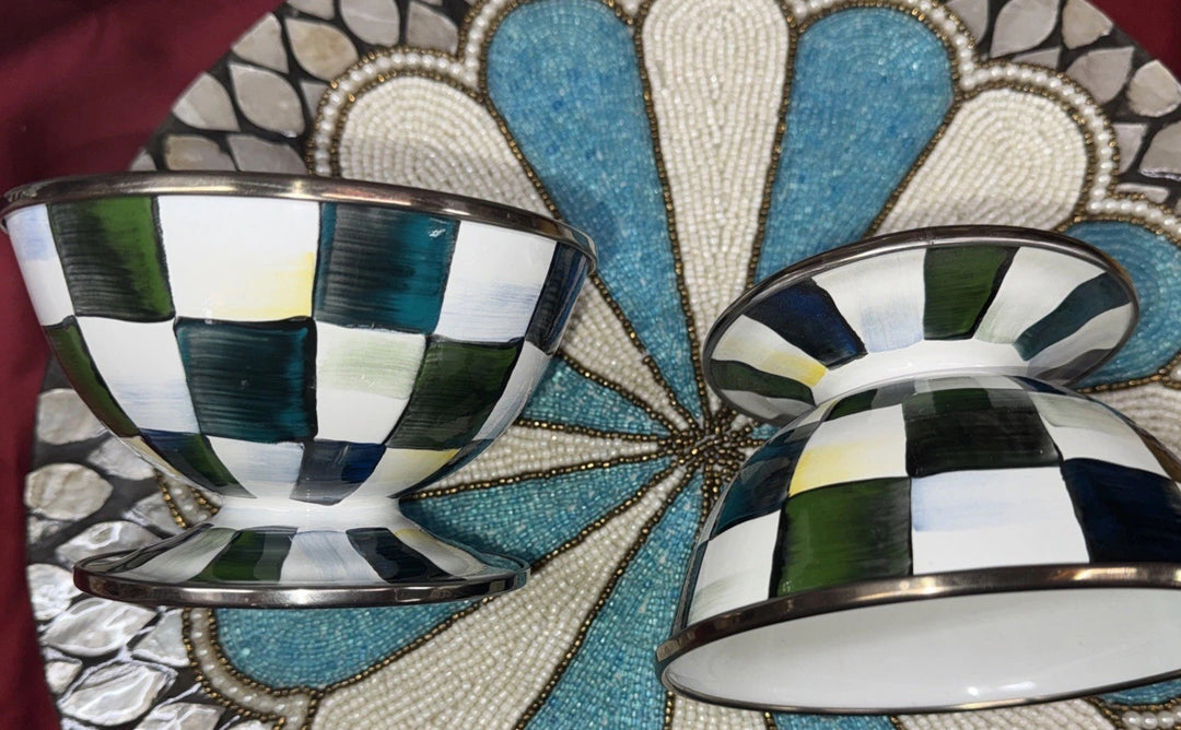 MacKenzie Childs Courtly  Check Enamel Ice Cream Dish New Set Of 2