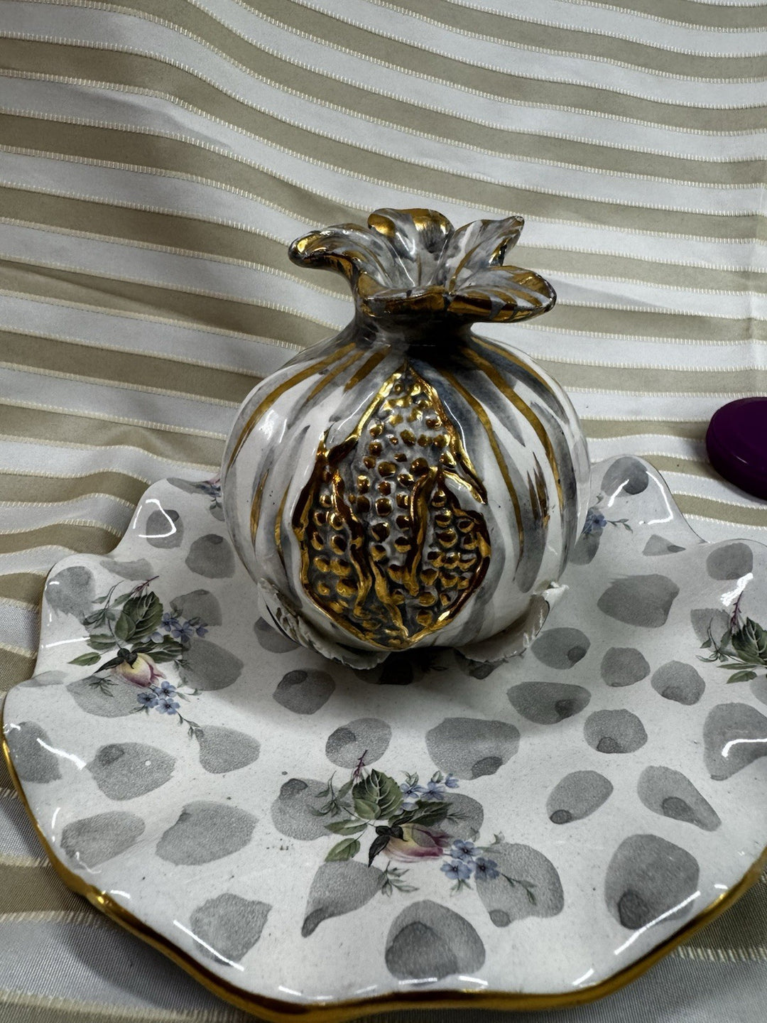 Italian Ceramic Silver painted pomegranate Life Sized- Goes With Mackenzie Child
