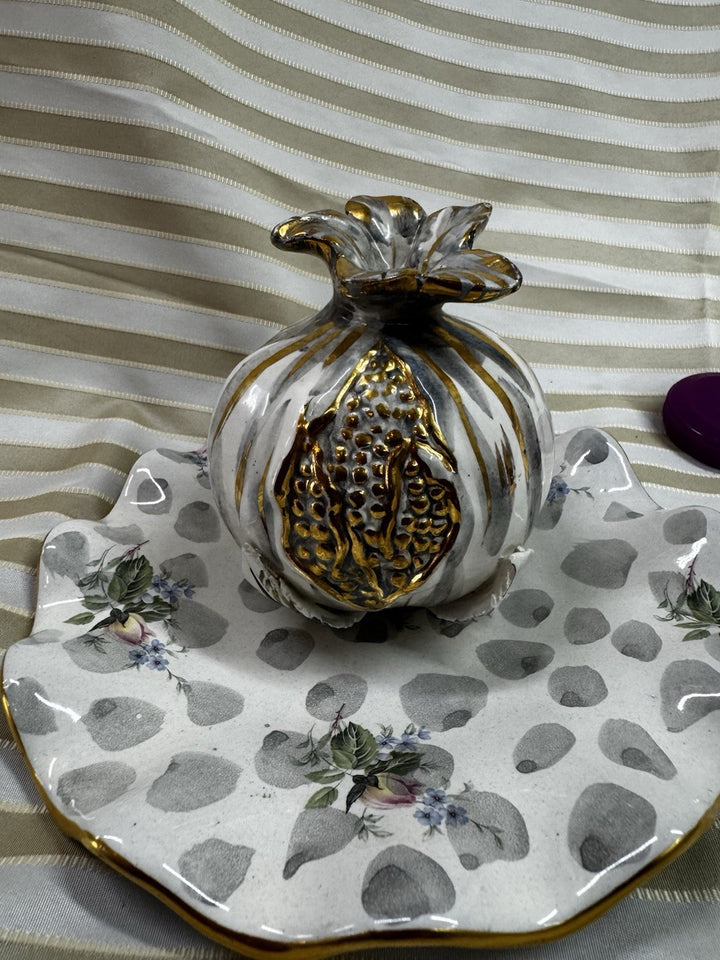 Italian Ceramic Silver painted pomegranate Life Sized- Goes With Mackenzie Child