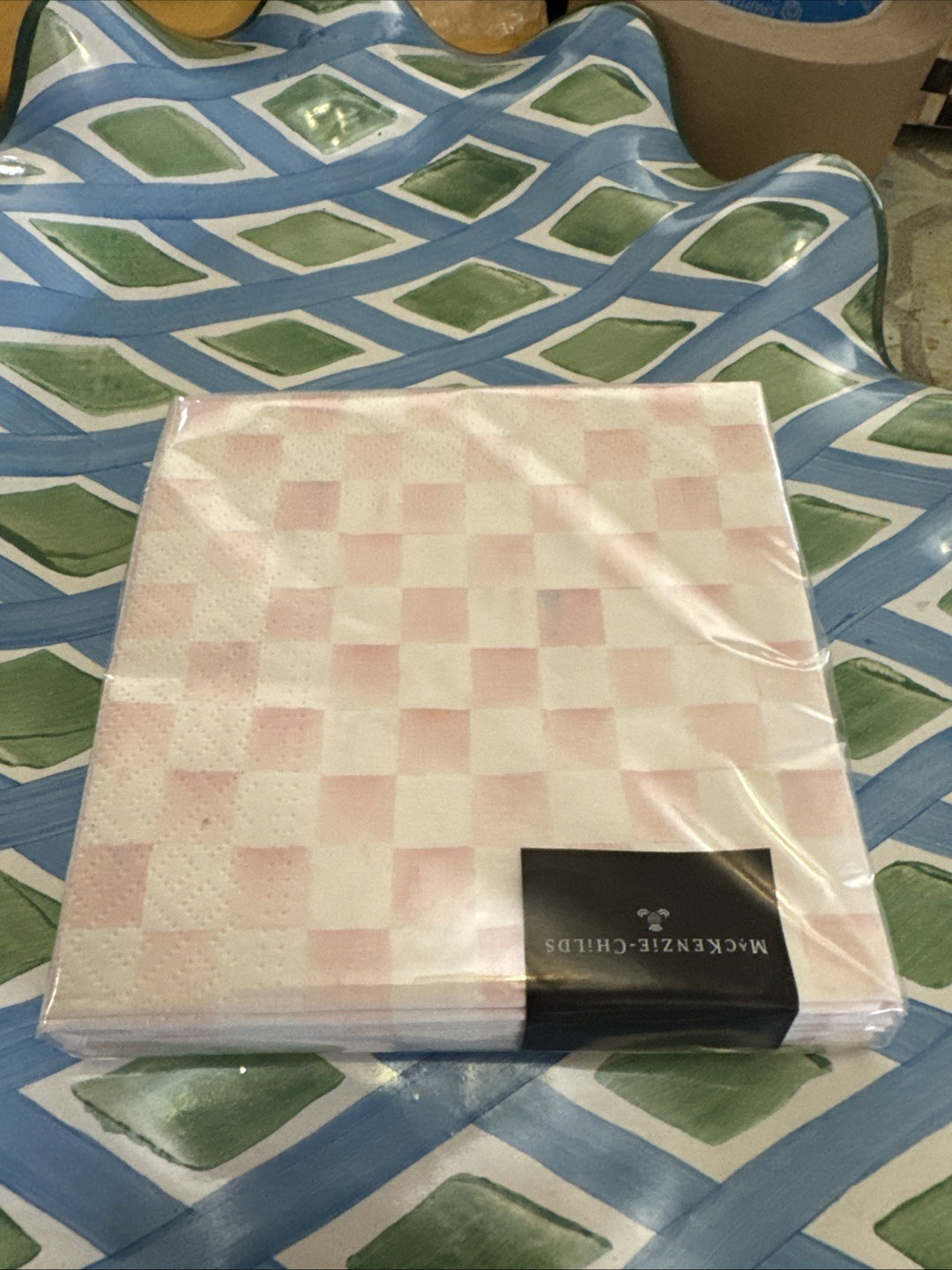 Mackenzie Childs Rosy Check Paper Cocktail Napkins 20 pack, NEW