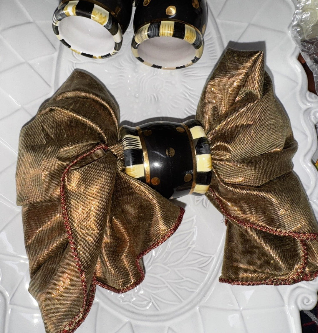 Lot of 4 Mackenzie Childs Napkin Rings Ceramic Black Tie Courtly Stripe