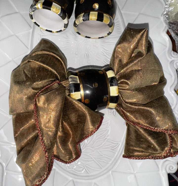 Lot of 4 Mackenzie Childs Napkin Rings Ceramic Black Tie Courtly Stripe