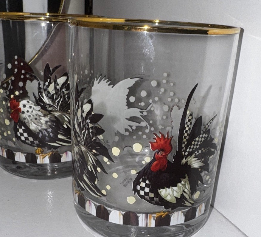 MacKenzie Childs Henhouse Tumblers set of 2 Rooster Chicken Glasses- New