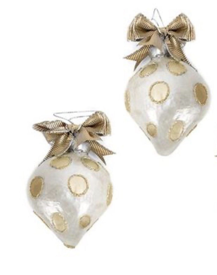 Rare Mackenzie Childs Capiz Tear Drop Ornaments Set Of 2- Gold Dots