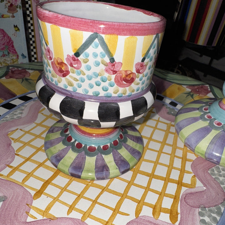 Retired Mackenzie Childs Taylor- Odd Fellows Ceramic Footed Jam Pot Brand 2010