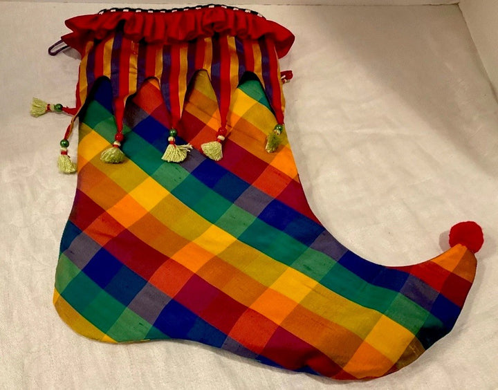 MacKenzie Childs Jester Christmas Stocking SILK GREEN TASSELS RED YELLOW GREEN