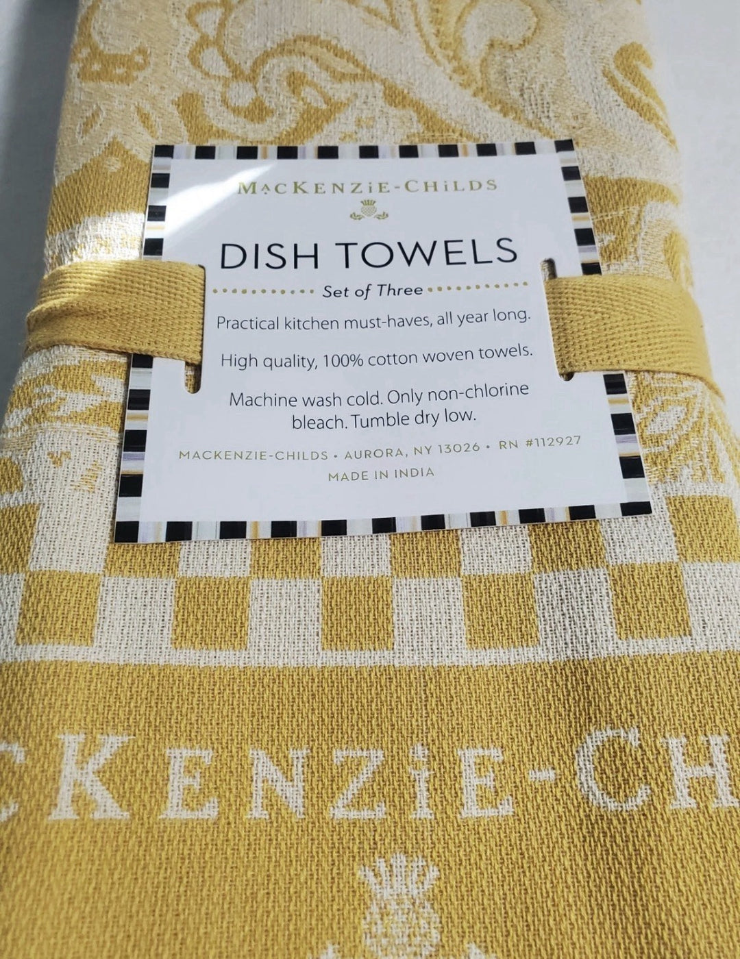 MacKenzie Childs Paisley & checks yellow set of 3 cotton dish towels NEW w/tags!