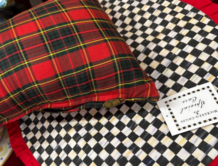 New Mackenzie Childs Red Tartan Retired Bow Pillow Beaded 20” Long
